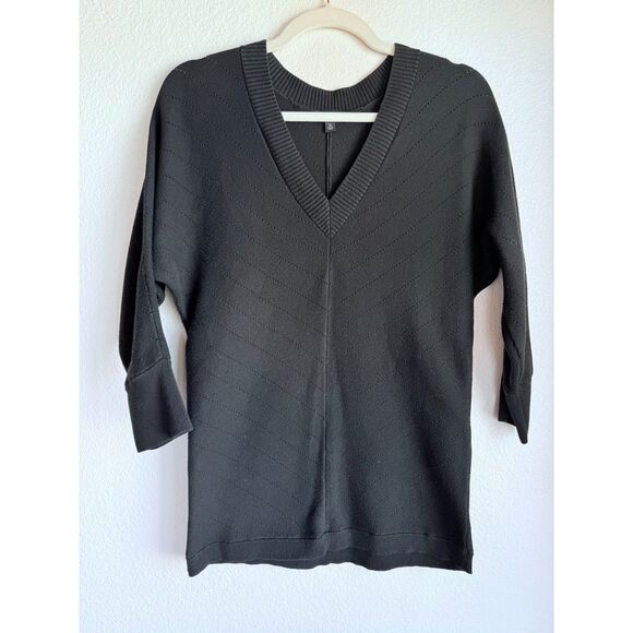 Talbots Petites Cotton Blend V-Neck Chevron Links 3/4 Sleeve Sweater in Black PS - Picture 4 of 10